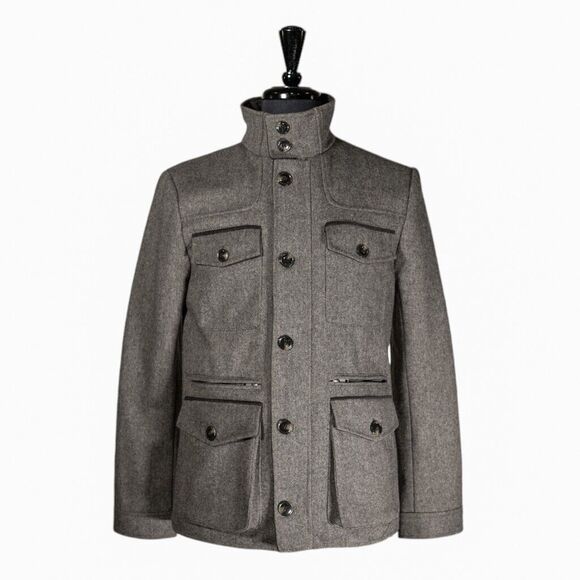 H&M Mens Jacket Gray Military Wool Blend Lined Coat Full Zip Pockets Small 36R - Picture 1 of 8